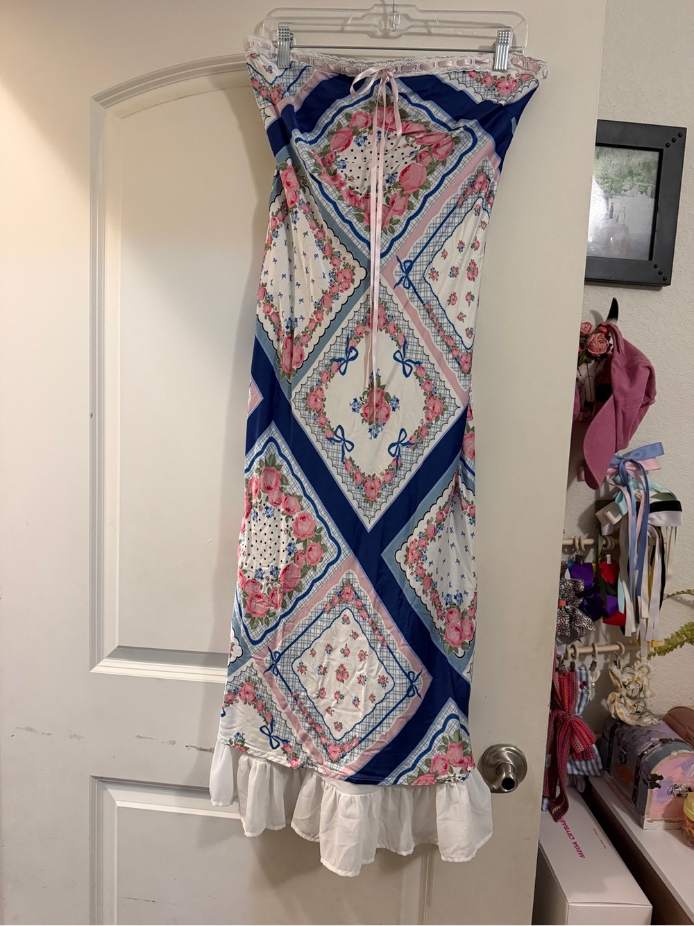 For Love & Lemons Blue, Pink and White Patchwork Maxi Dress